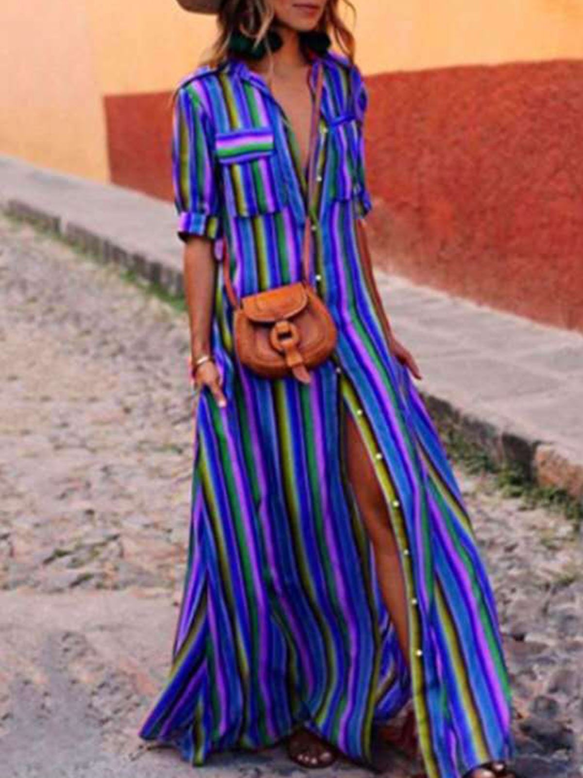 Beach Bohemian Pocket Stripe Super Long Dress