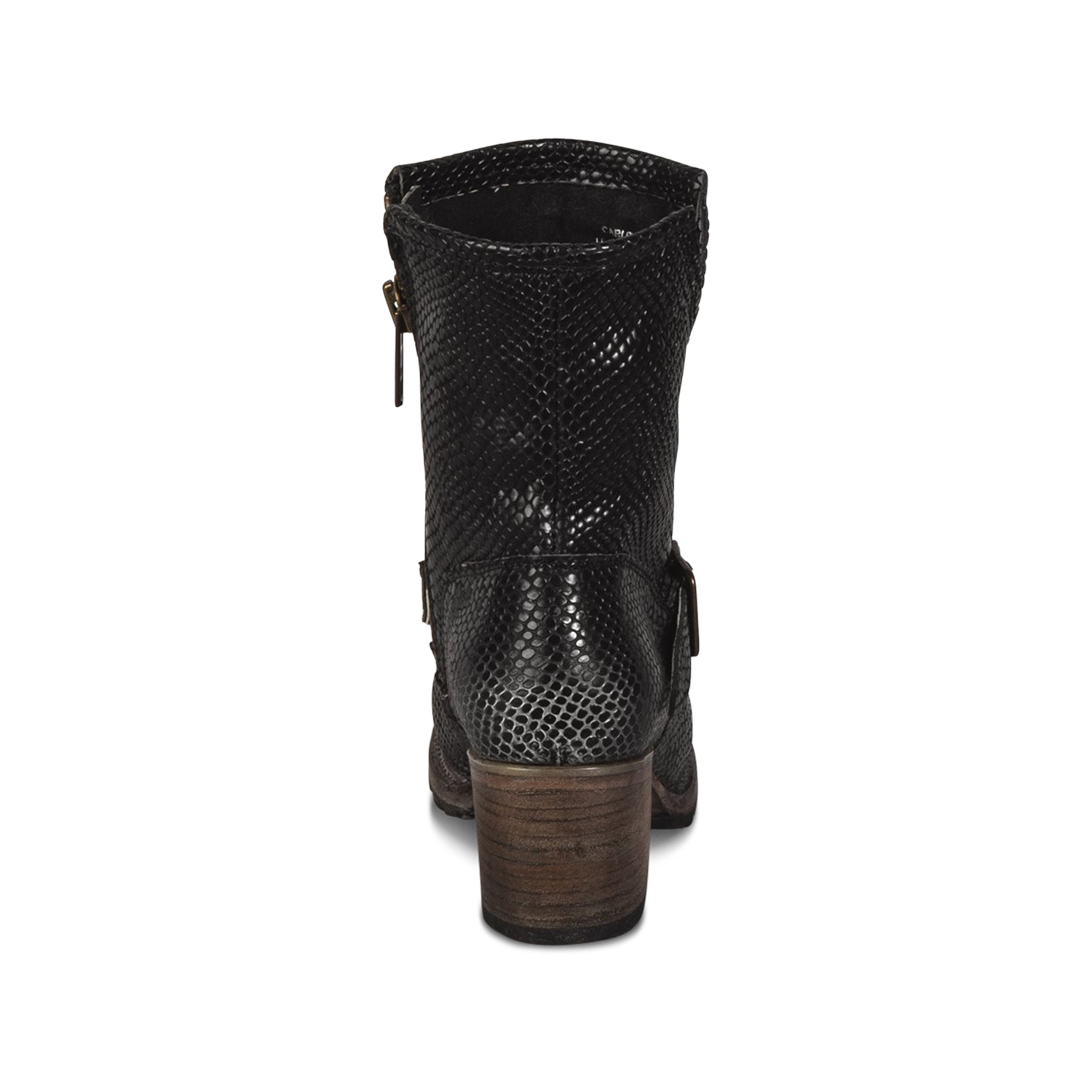 Carlito black snake embossed leather bootie back heel with wood wrapped heel