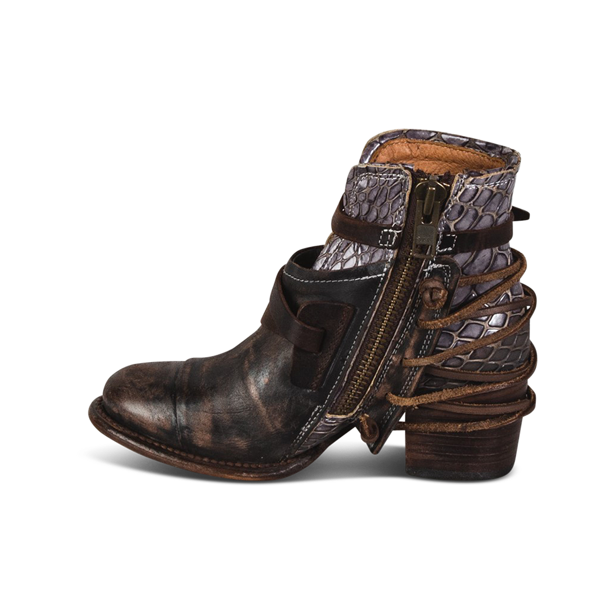 Crue brown multi brown leather laces with brass inside zip closure ankle bootie