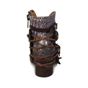 Crue brown multi ankle bootie with brown leather back lace detailing and dark brown contrasting heel