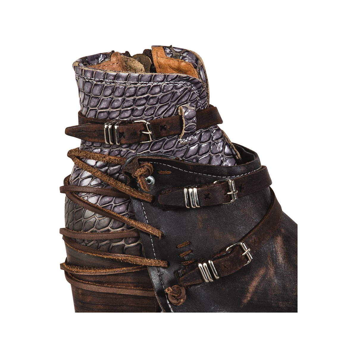 Crue brown multi womens ankle bootie with back leather lace detailing and front straps with silver buckles