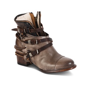 Crue grey multi ankle bootie with tan leather lace detailing and adjustable side silver buckle hardware
