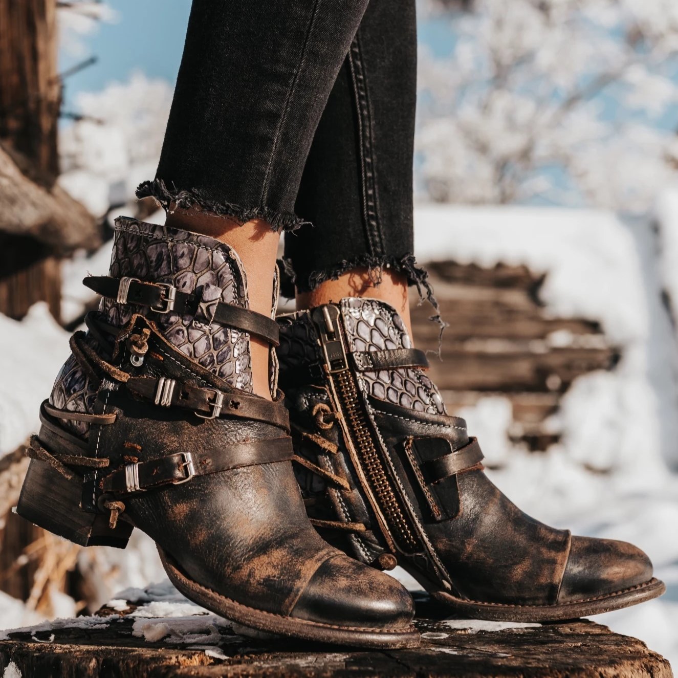 FREEBIRD by Steven women's leather Crue brown multi back lace up inside zip closure ankle bootie