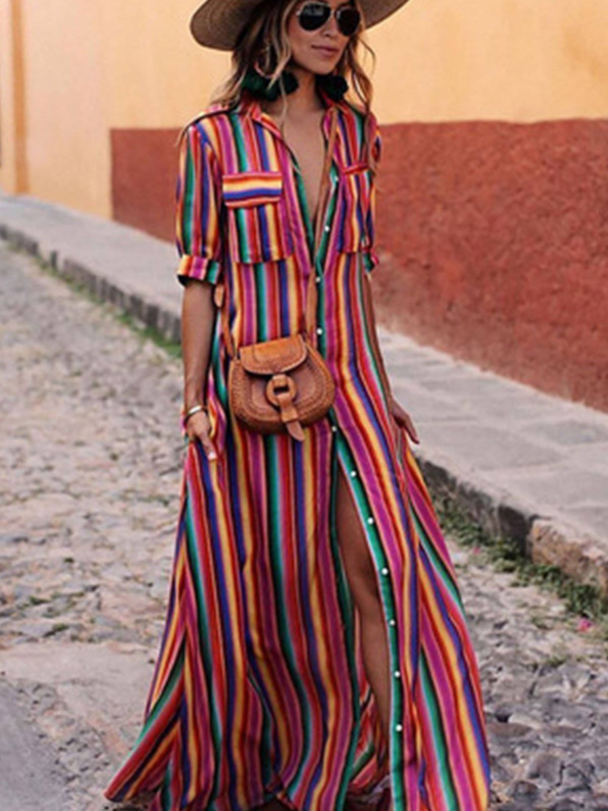 Beach Bohemian Pocket Stripe Super Long Dress