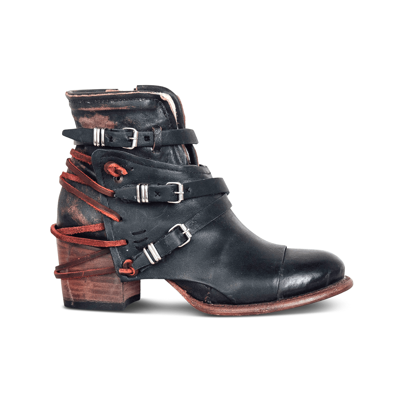 Crue black multi ankle bootie with red leather lace detailing and adjustable side silver buckle hardware