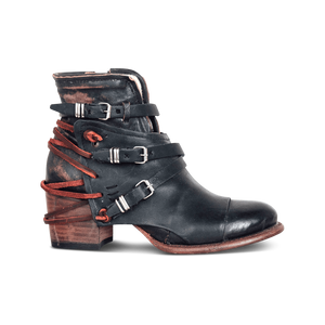 Crue black multi ankle bootie with red leather lace detailing and adjustable side silver buckle hardware