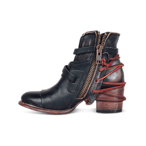 Crue black multi red leather laces with brass inside zip closure ankle bootie