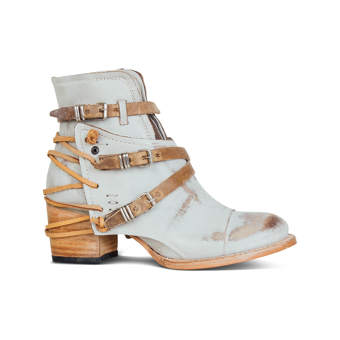 Crue ice ankle bootie with taupe leather lace detailing and adjustable side silver buckle hardware