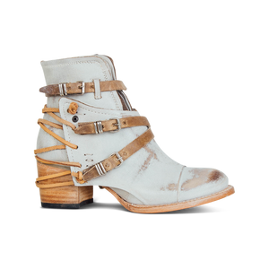 Crue ice ankle bootie with taupe leather lace detailing and adjustable side silver buckle hardware