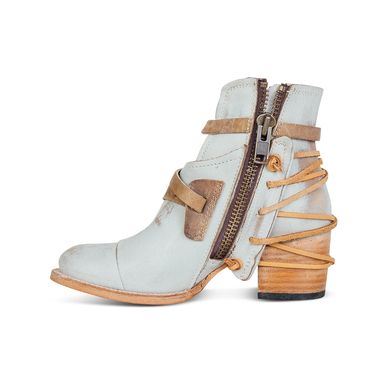 Crue ice taupe leather laces with brass inside zip closure ankle bootie