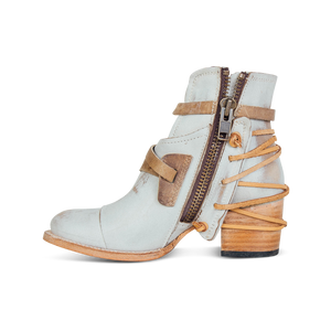 Crue ice taupe leather laces with brass inside zip closure ankle bootie