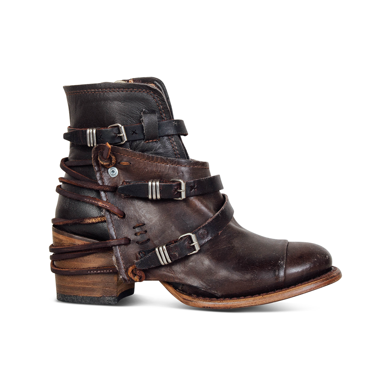 Crue olive multi ankle bootie with brown leather lace detailing and adjustable side silver buckle hardware