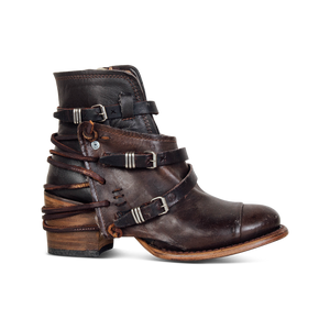 Crue olive multi ankle bootie with brown leather lace detailing and adjustable side silver buckle hardware