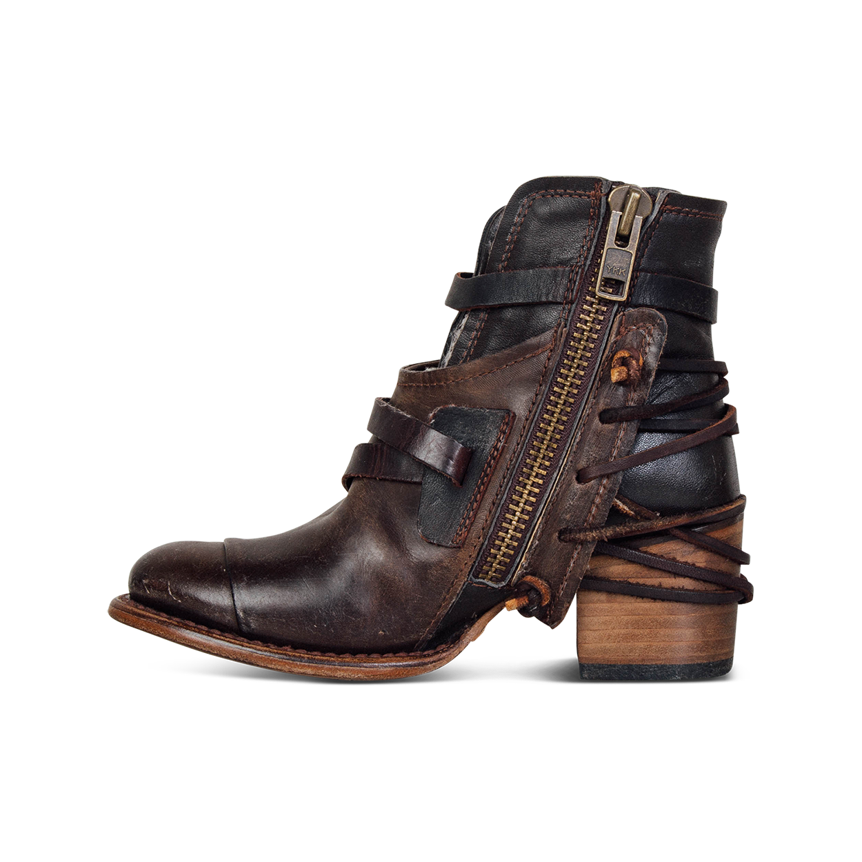 Crue olive multi brown leather laces with brass inside zip closure ankle bootie